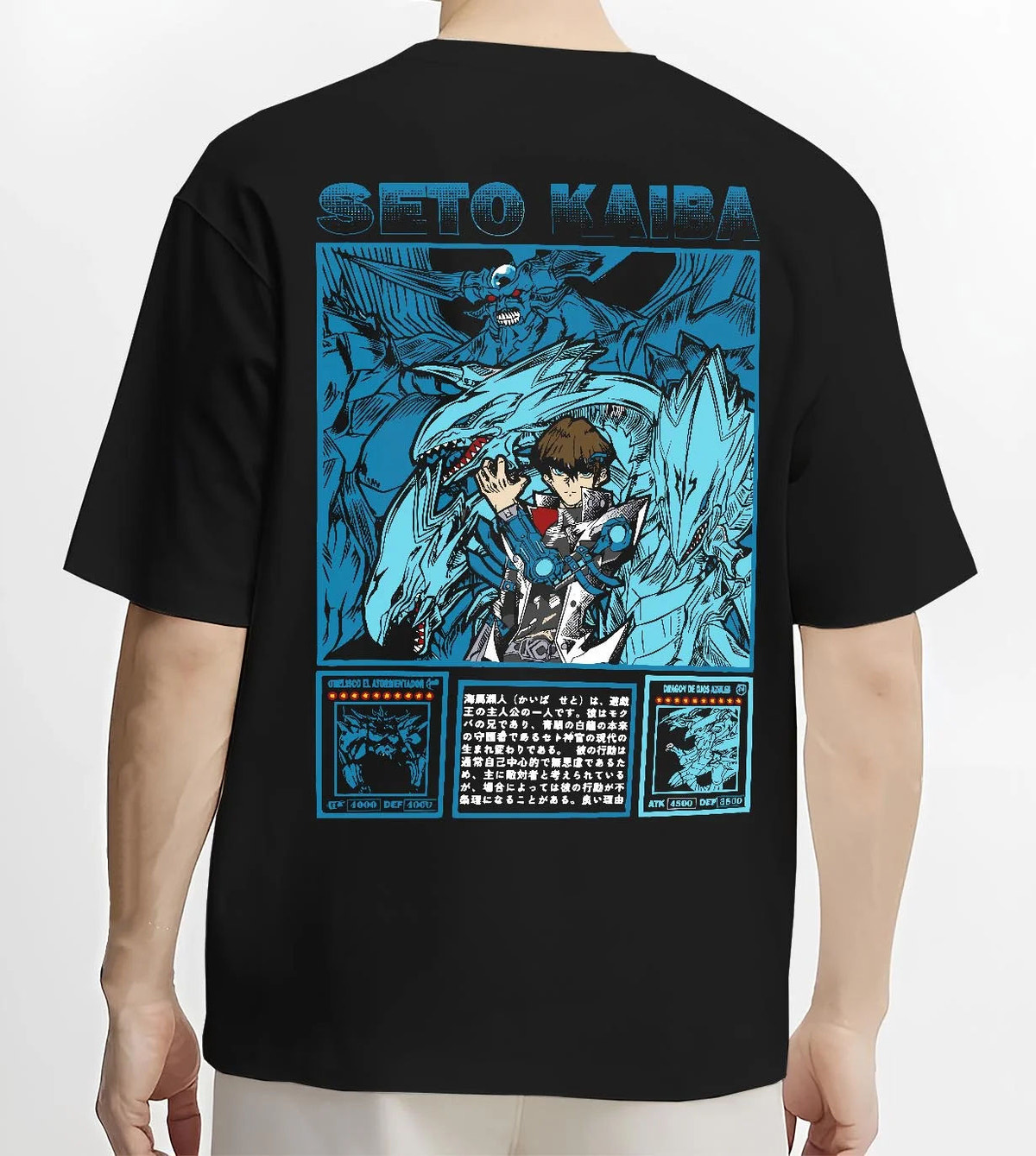 Black T-shirt worn by male model from the back featuring Seto Kaiba Blue-Eyes Ultimate Dragon Yu-Gi-Oh! artwork.
