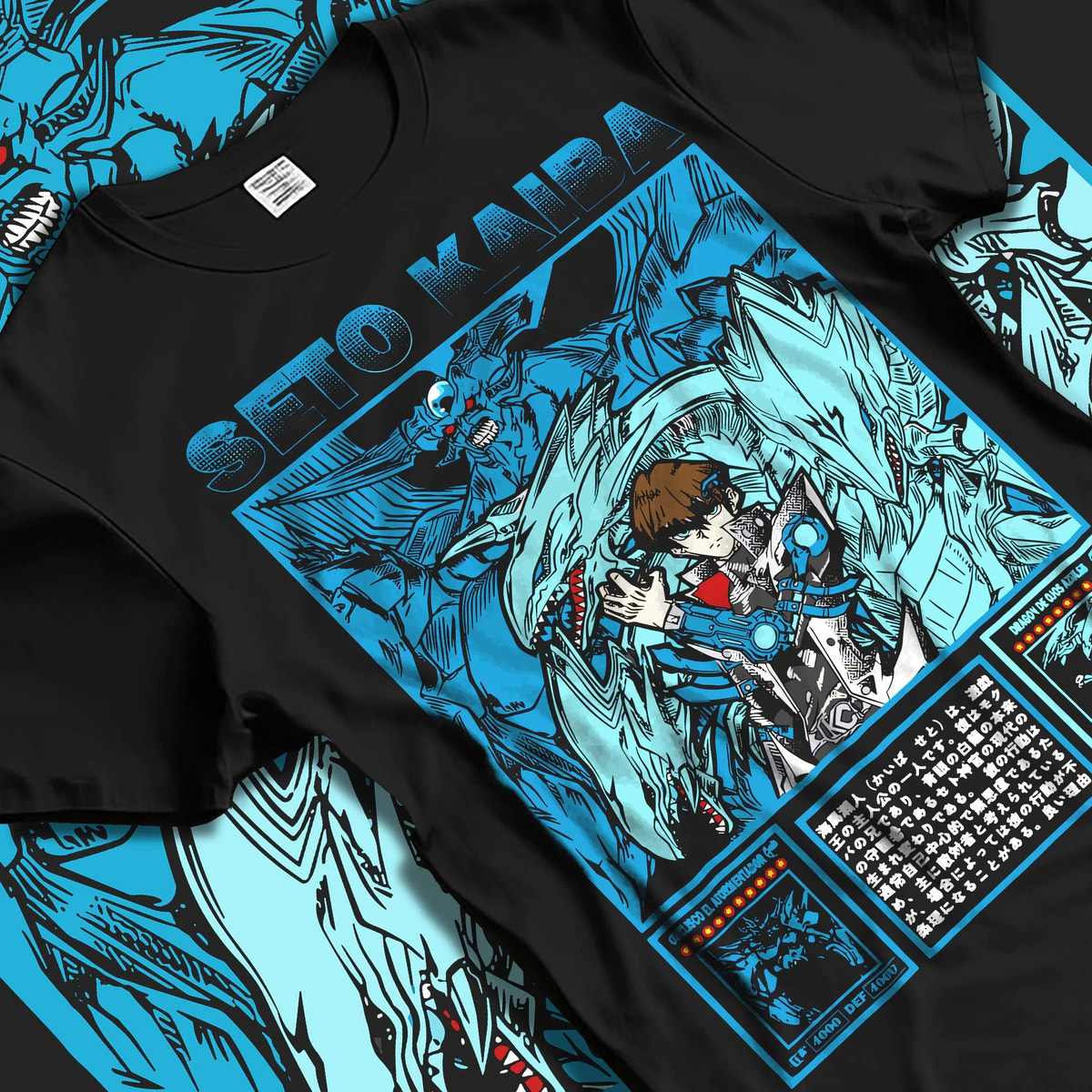 Black T-shirt laid flat with natural folds featuring Seto Kaiba Blue-Eyes Ultimate Dragon Yu-Gi-Oh! artwork.