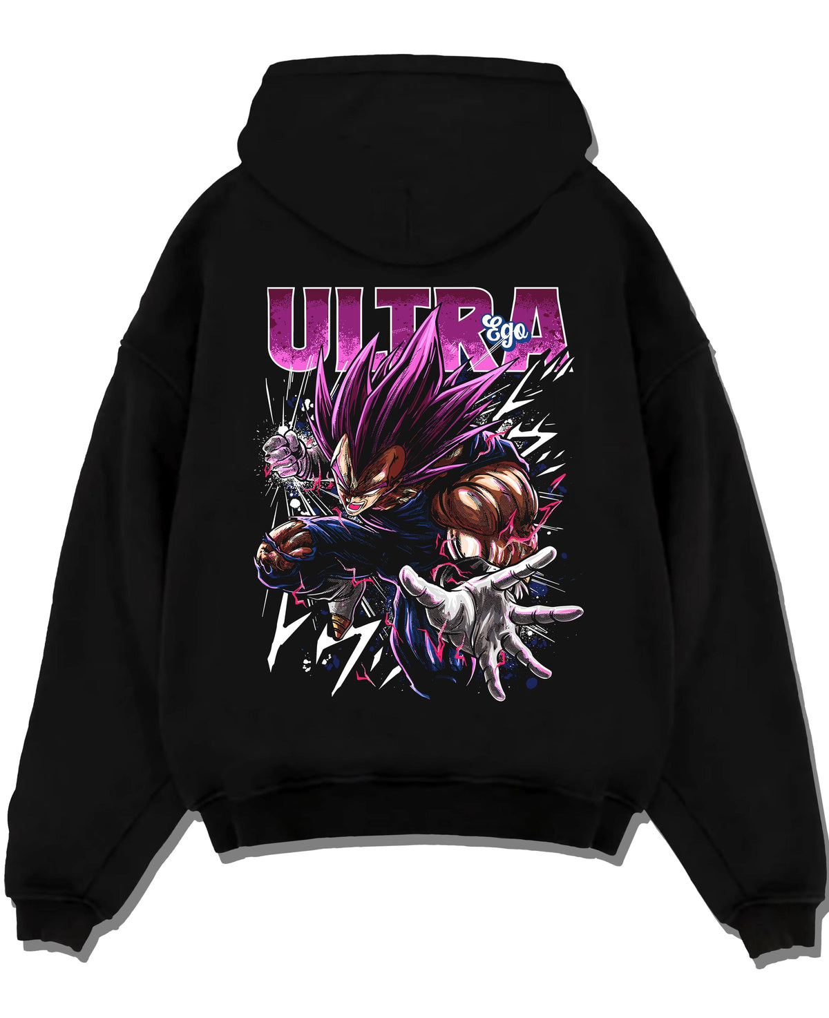 Black hoodie laid flat featuring Vegeta Ultra Ego purple battle power Dragon Ball Super artwork.