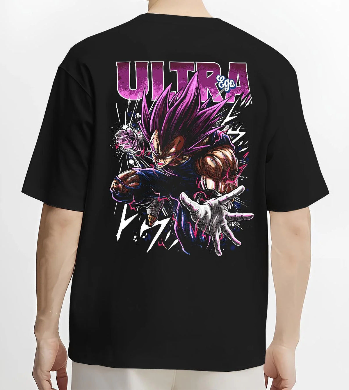Black T-shirt worn by male model from the back featuring Vegeta Ultra Ego purple battle power Dragon Ball Super artwork.