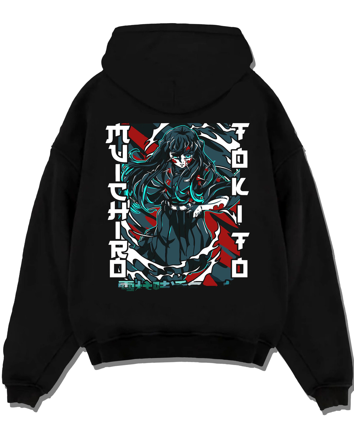 Black hoodie laid flat featuring Muichiro Tokito wounded Mist Hashira Demon Slayer artwork.