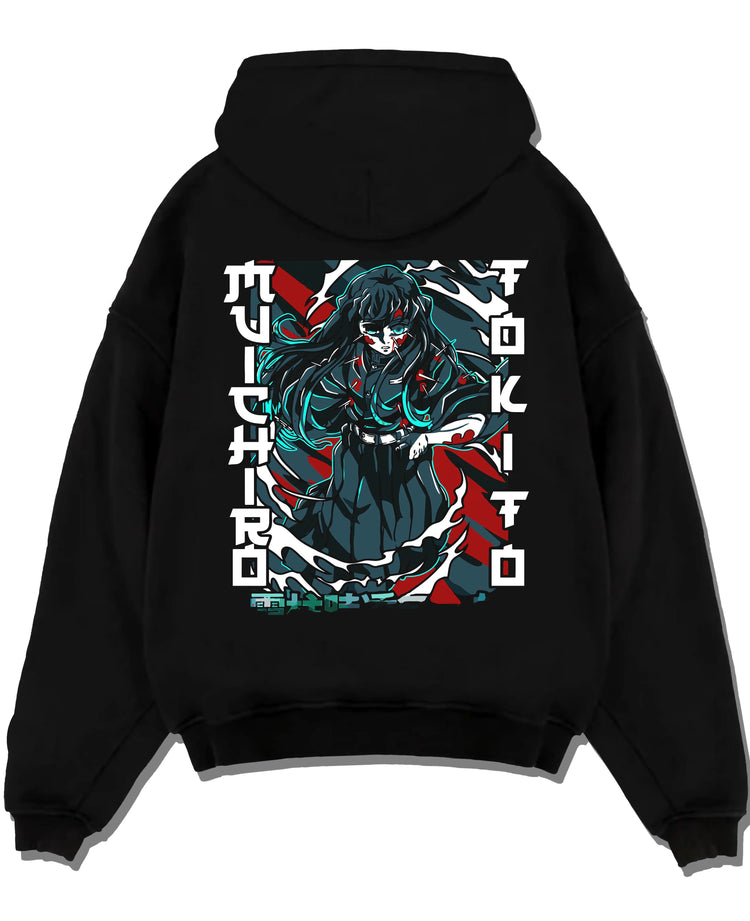 Black hoodie laid flat featuring Muichiro Tokito wounded Mist Hashira Demon Slayer artwork.