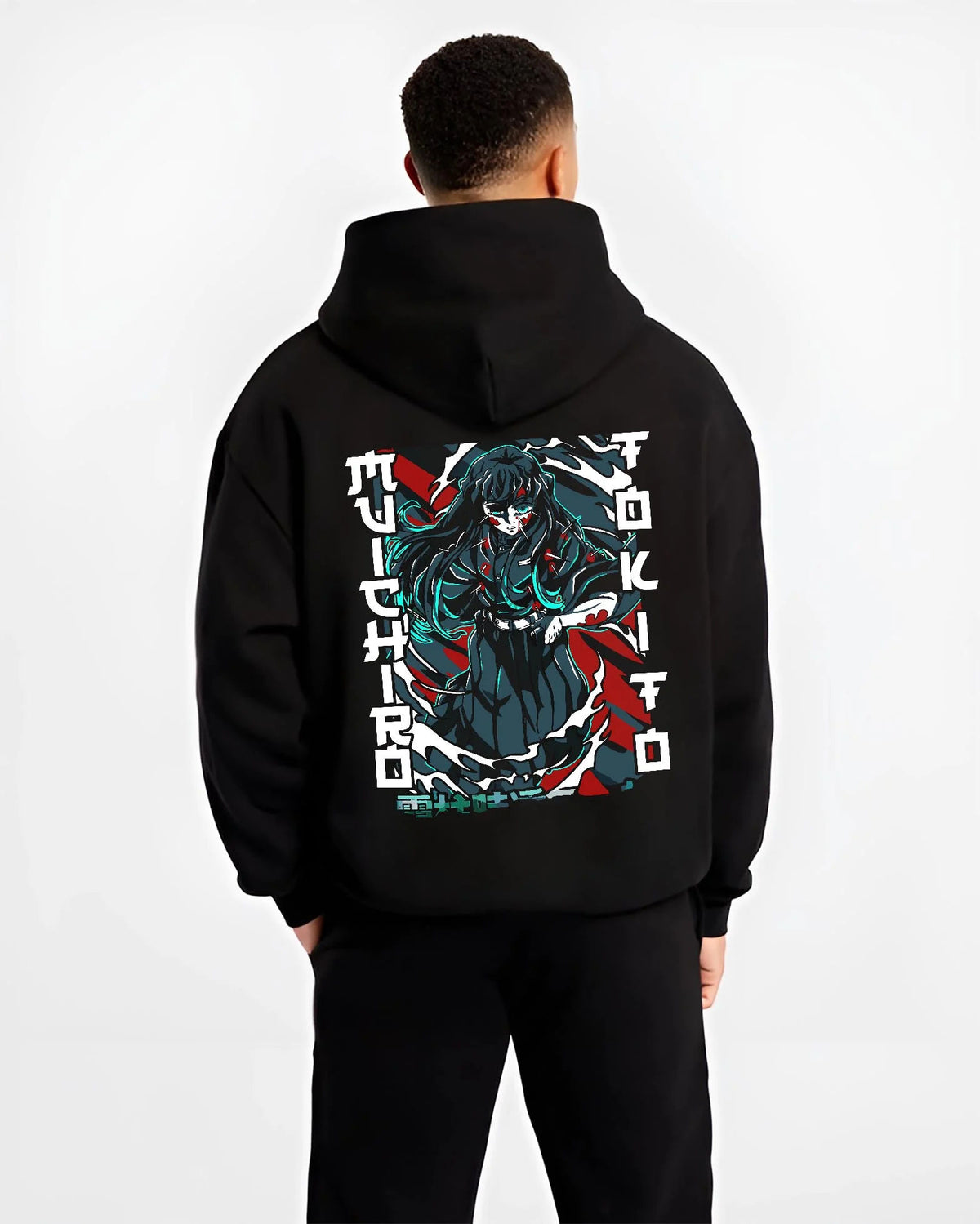 Black hoodie worn by male model from the back featuring Muichiro Tokito wounded Mist Hashira Demon Slayer artwork.