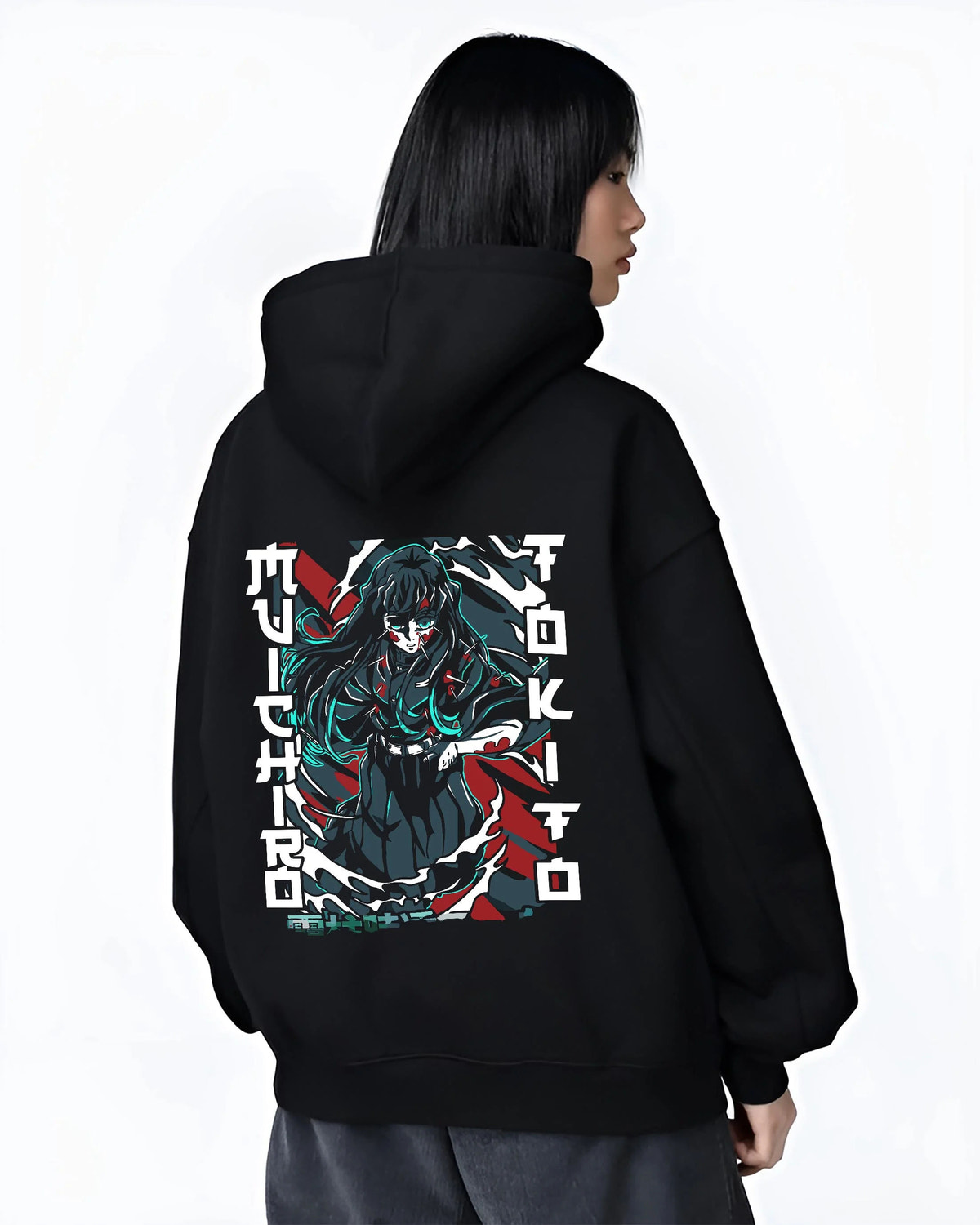Black hoodie worn by female model from the back featuring Muichiro Tokito wounded Mist Hashira Demon Slayer artwork.