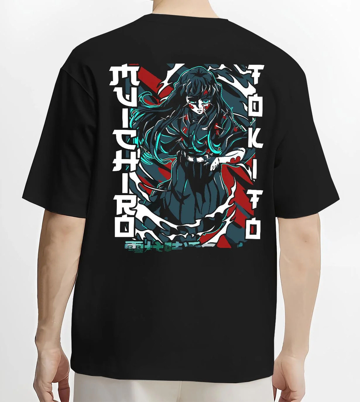 Black T-shirt worn by male model from the back featuring Muichiro Tokito wounded Mist Hashira Demon Slayer artwork.