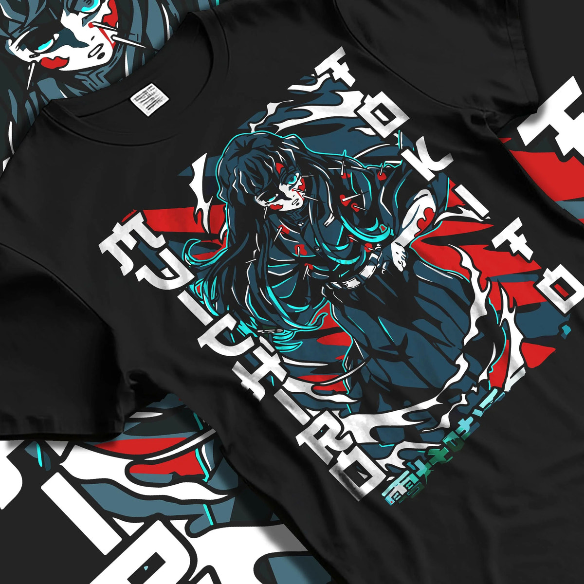 Black T-shirt laid flat with natural folds featuring Muichiro Tokito wounded Mist Hashira Demon Slayer artwork.