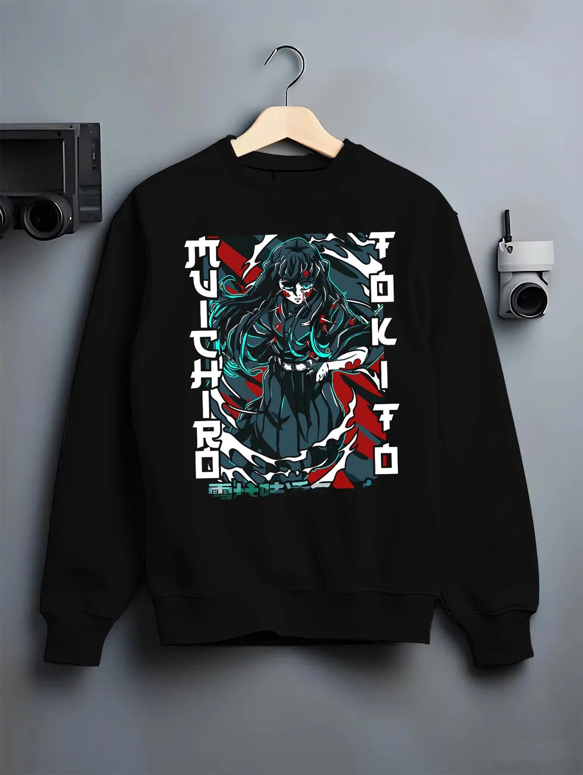 Black crewneck sweatshirt on hanger featuring Muichiro Tokito wounded Mist Hashira Demon Slayer artwork.