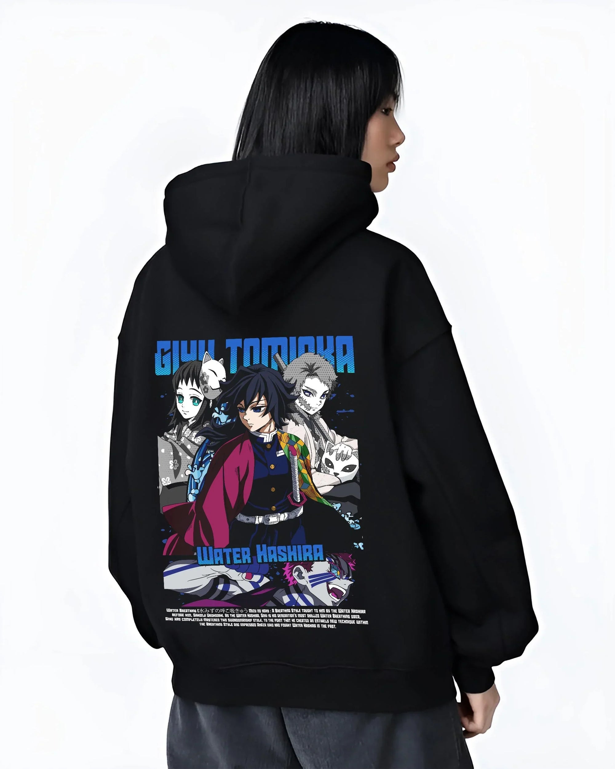 Black hoodie worn by female model, back view with Giyu Hoodie Demon Slayer Water Hashira Anime Corps graphic streetwear graphic.