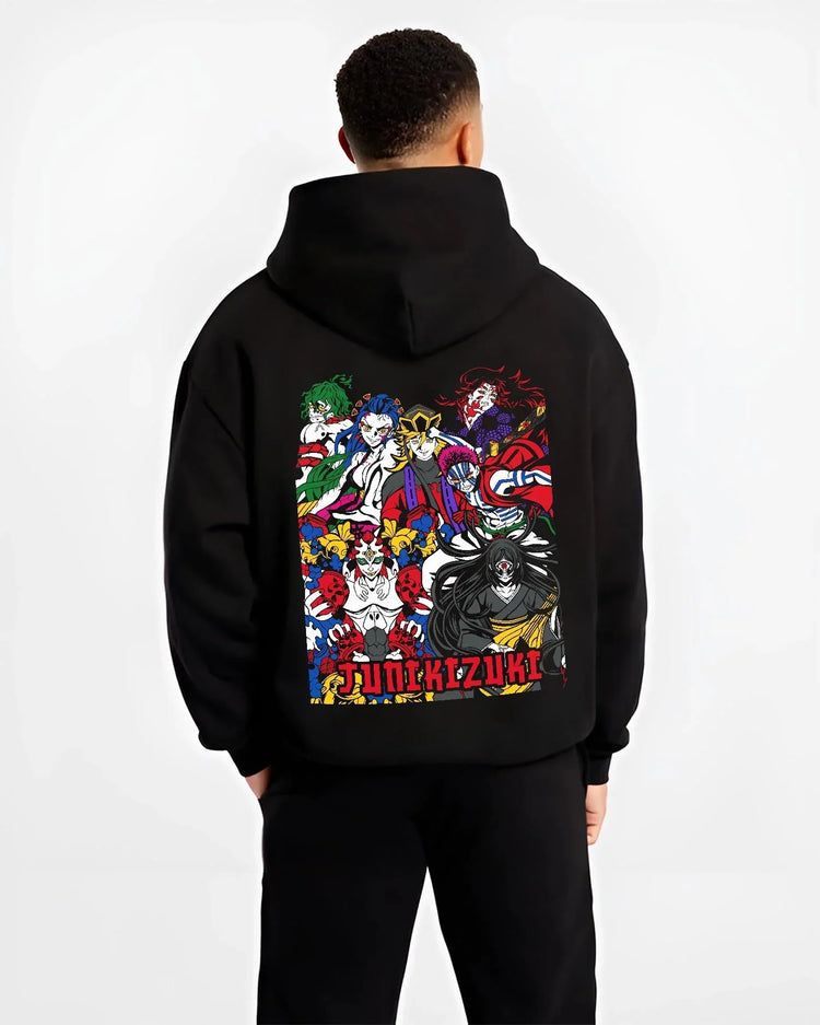 Black hoodie worn by male model, back view with Upper Moons Hoodie Demon Slayer Twelve Kizuki Elite graphic premium wear.