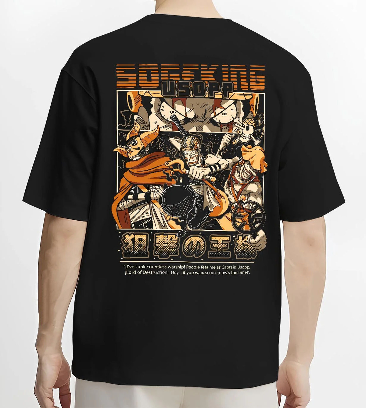 Black T-shirt worn by male model from the back featuring Usopp Sniper King Straw Hat pirate One Piece artwork.