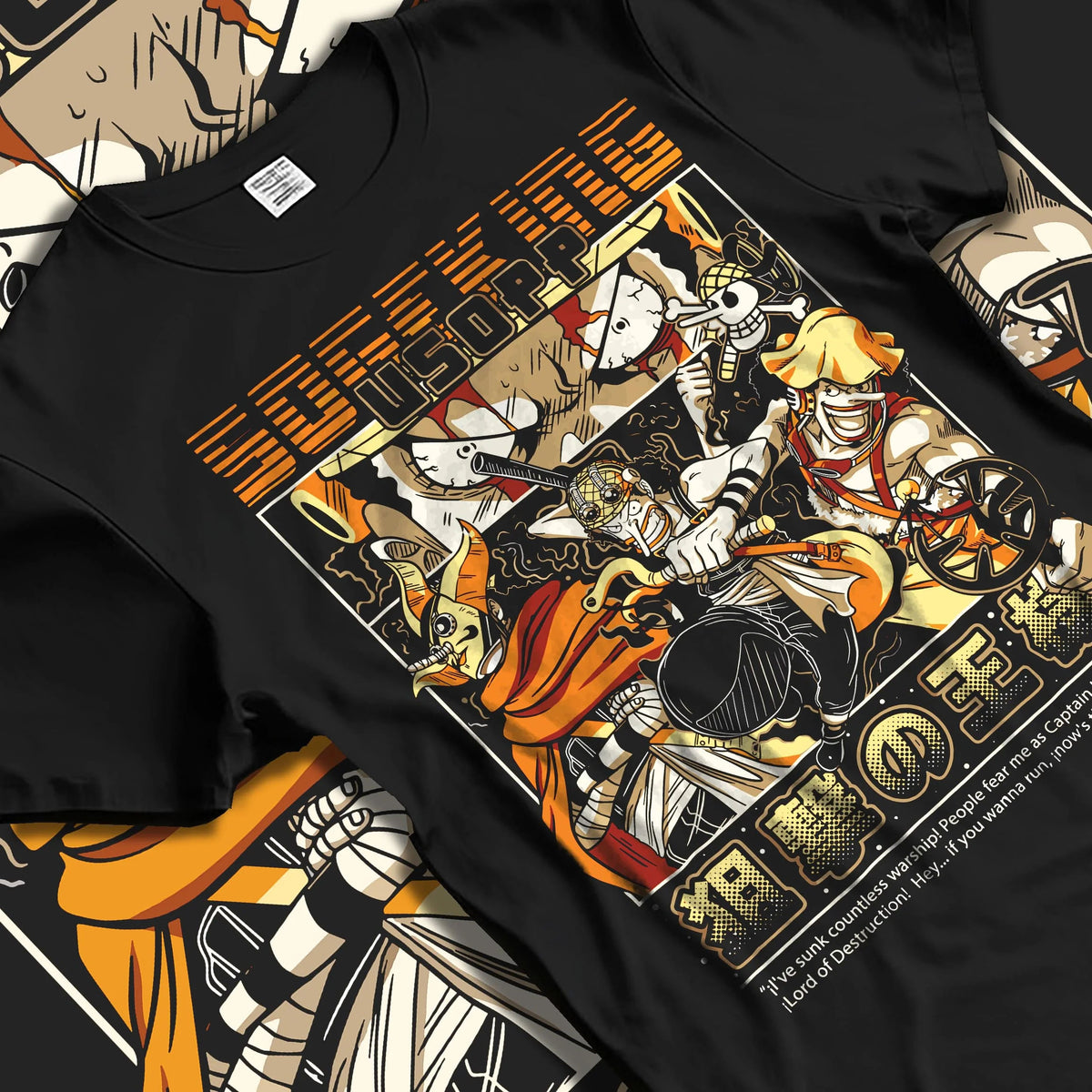 Black T-shirt laid flat with natural folds featuring Usopp Sniper King Straw Hat pirate One Piece artwork.