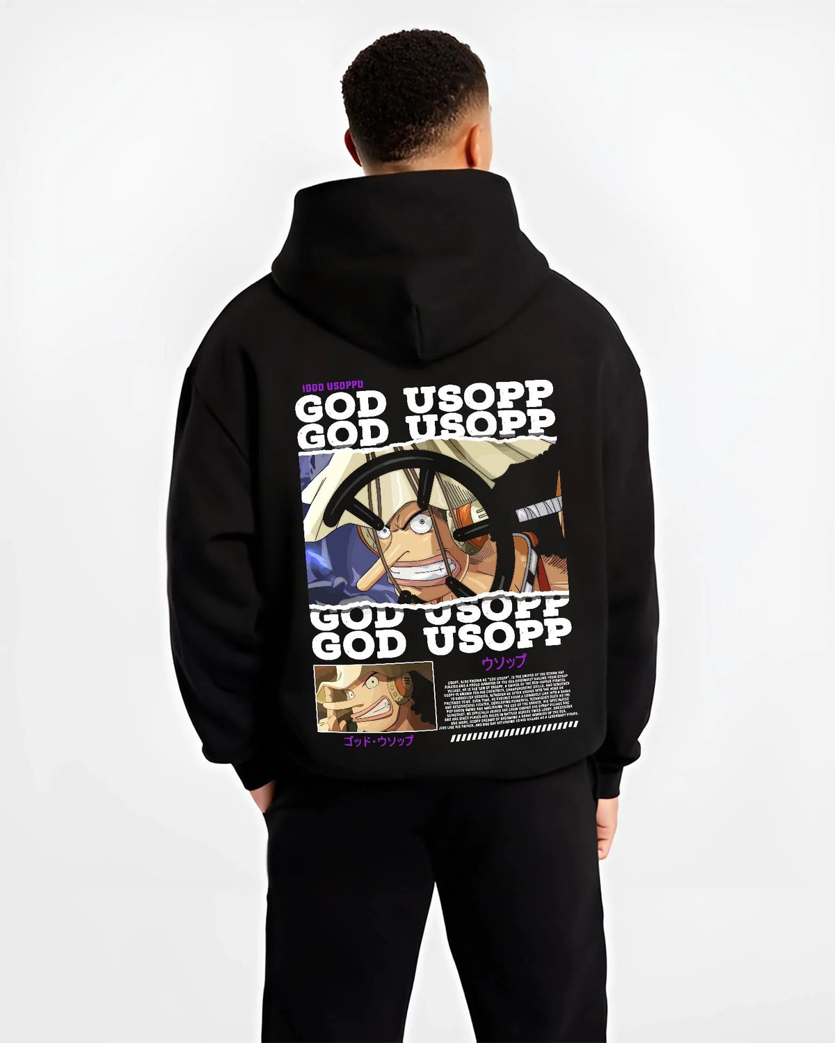 Black hoodie worn by male model from the back featuring God Usopp warrior sniper One Piece artwork.