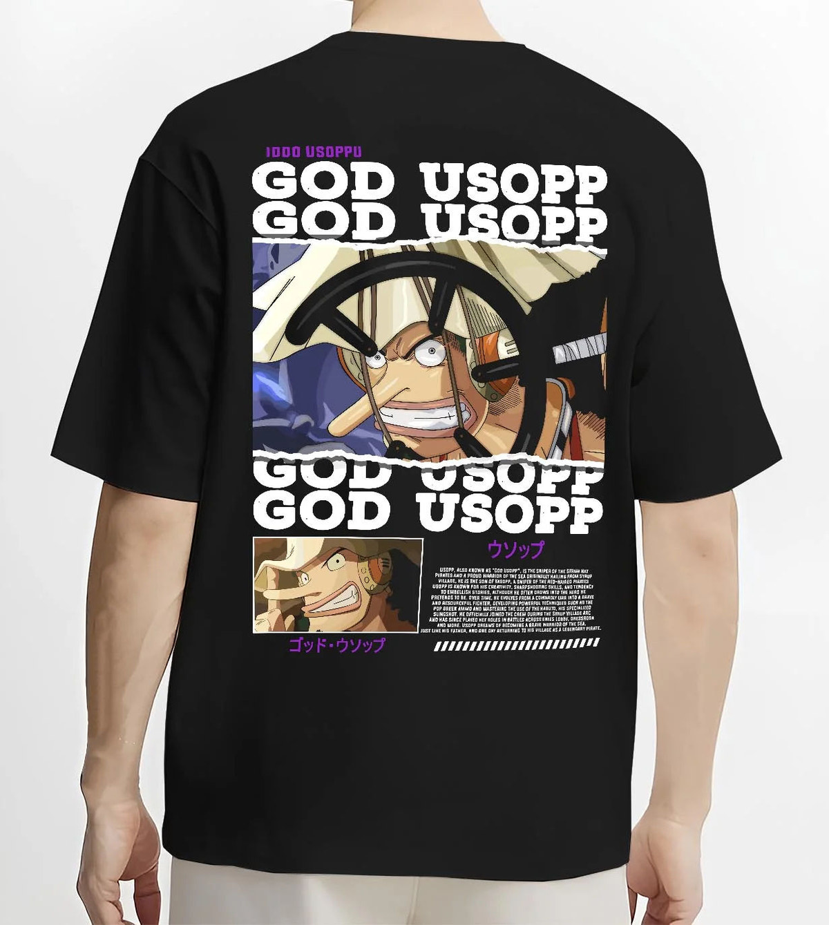 Black T-shirt worn by male model from the back featuring God Usopp warrior sniper One Piece artwork.