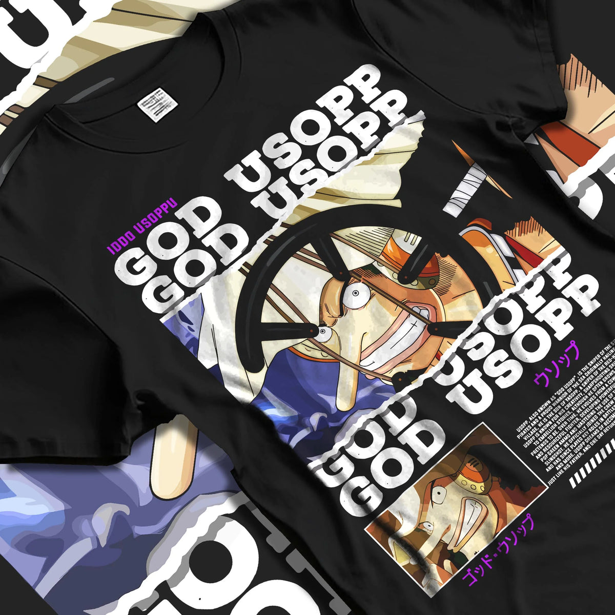 Black T-shirt laid flat with natural folds featuring God Usopp warrior sniper One Piece artwork.