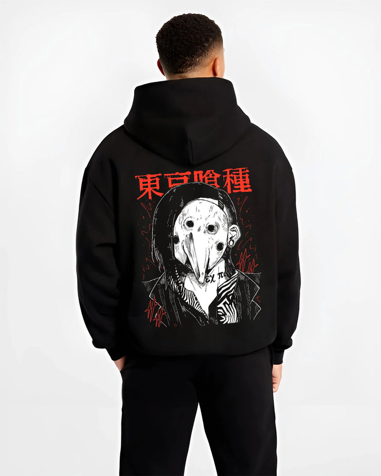 Black hoodie model back view showing Uta from Tokyo Ghoul: mask-maker from Tokyo Ghoul