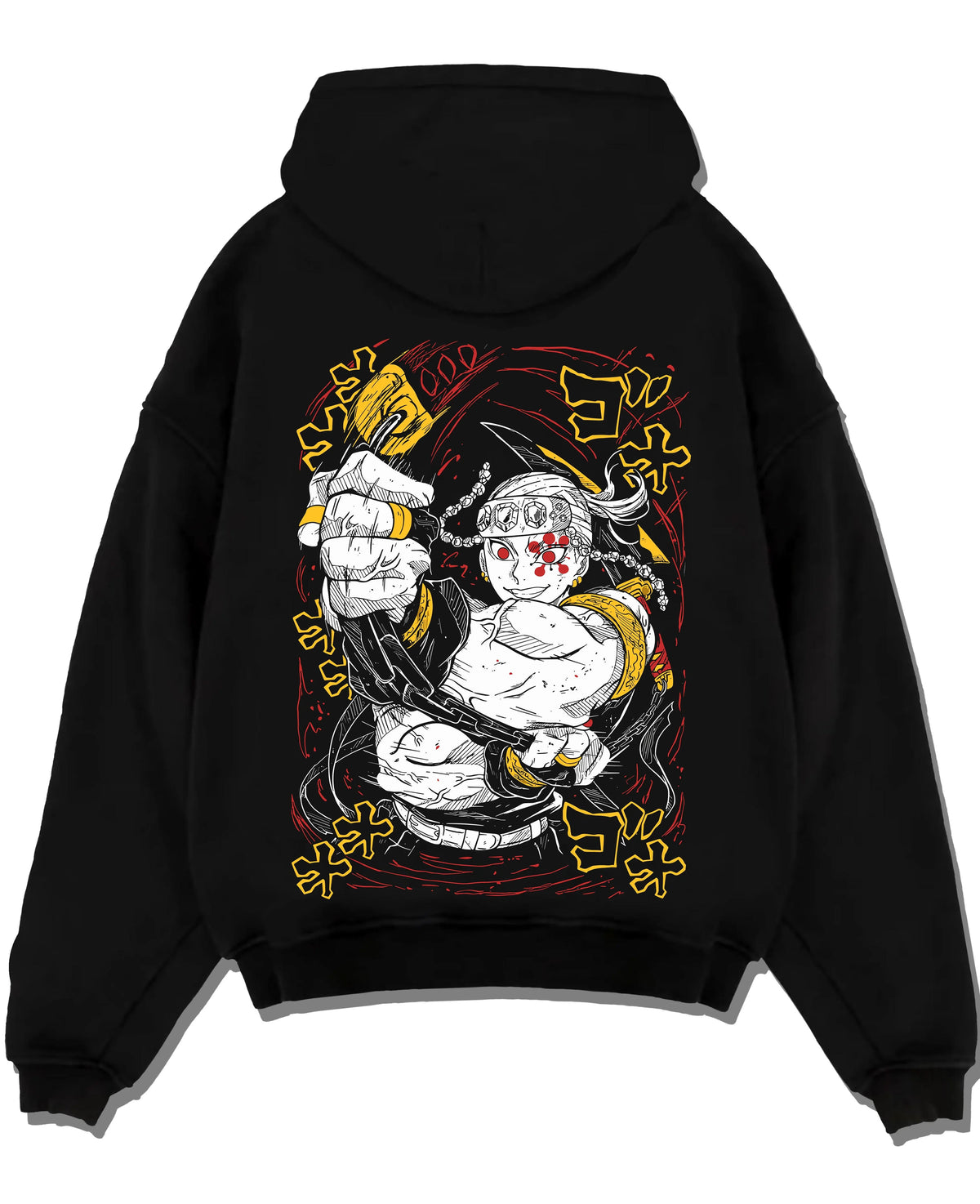 Black hoodie laid flat featuring Tengen Uzui Sound Hashira explosion Demon Slayer artwork.