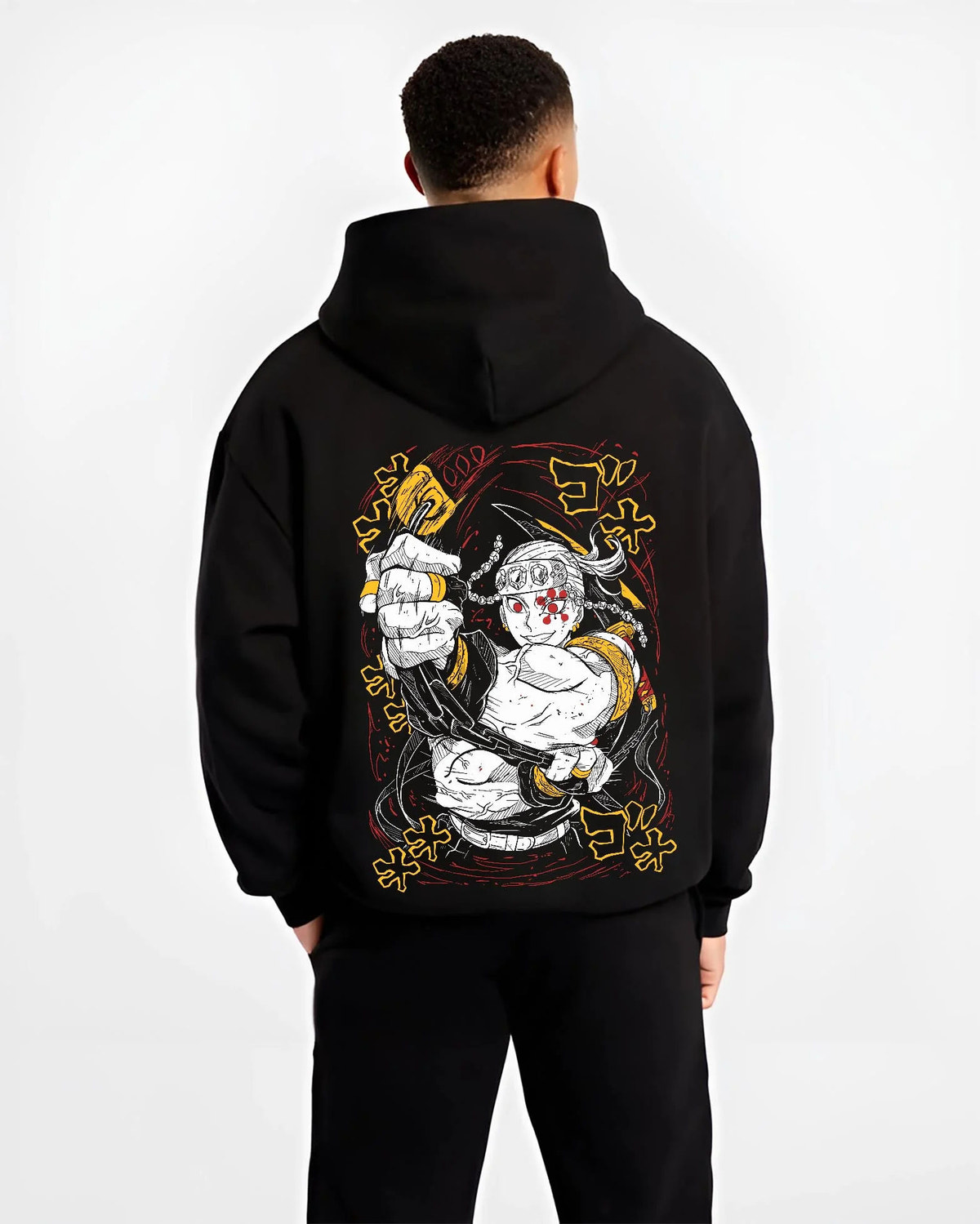 Black hoodie worn by male model from the back featuring Tengen Uzui Sound Hashira explosion Demon Slayer artwork.