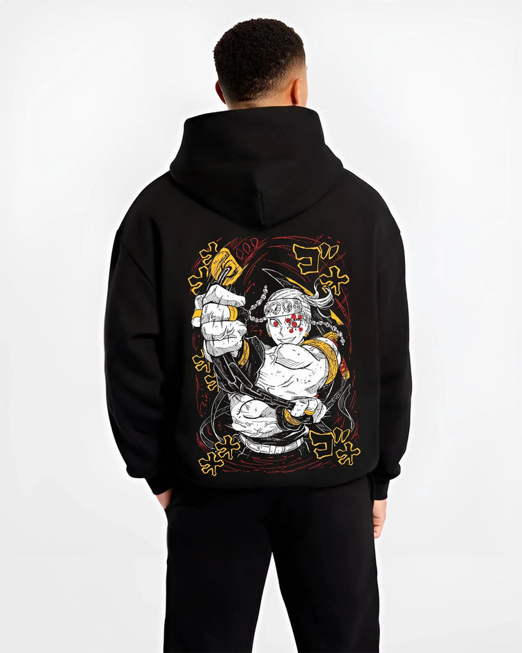 Black hoodie worn by male model from the back featuring Tengen Uzui Sound Hashira explosion Demon Slayer artwork.