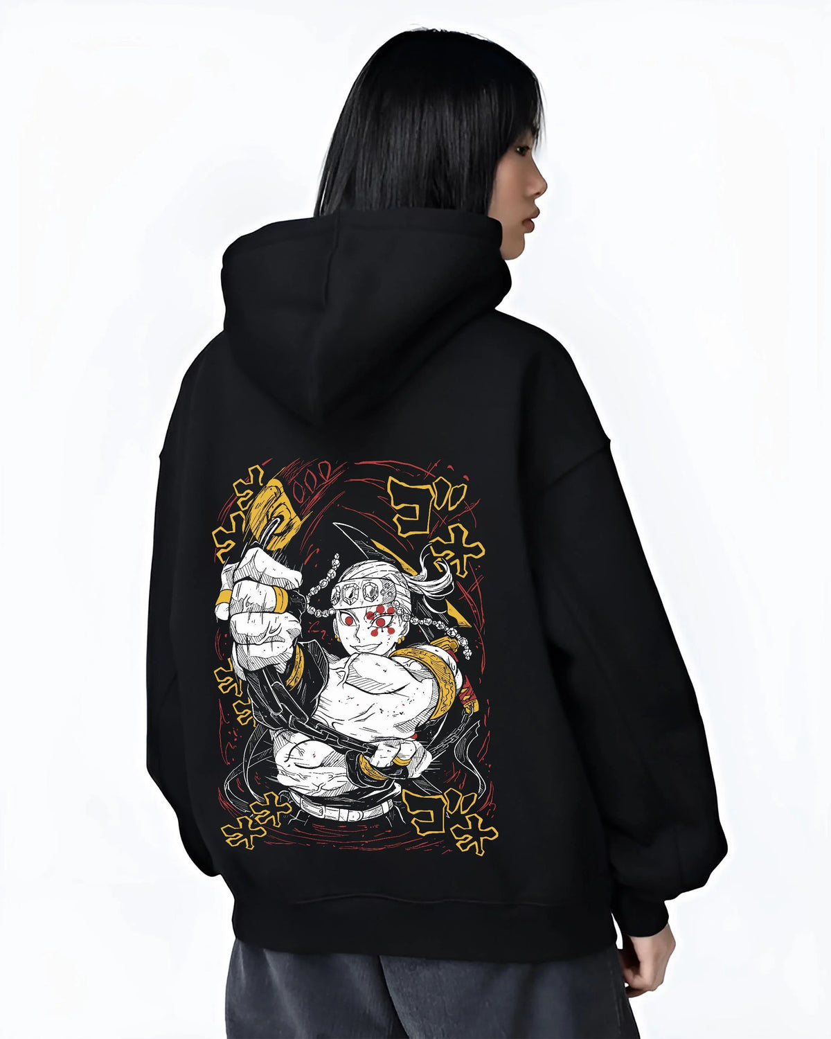 Black hoodie worn by female model from the back featuring Tengen Uzui Sound Hashira explosion Demon Slayer artwork.