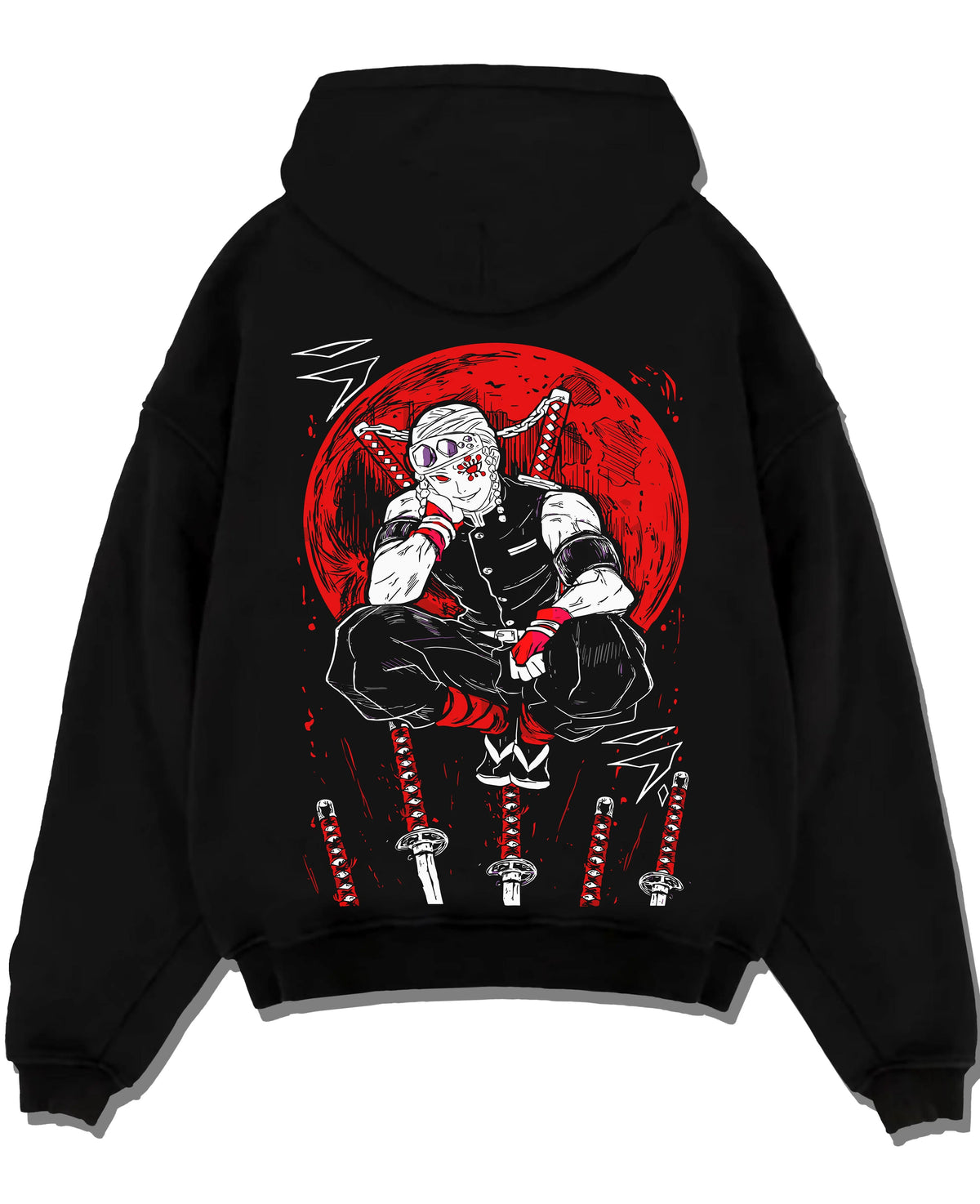 Black hoodie laid flat featuring Tengen Uzui Sound Hashira flame battle Demon Slayer artwork.