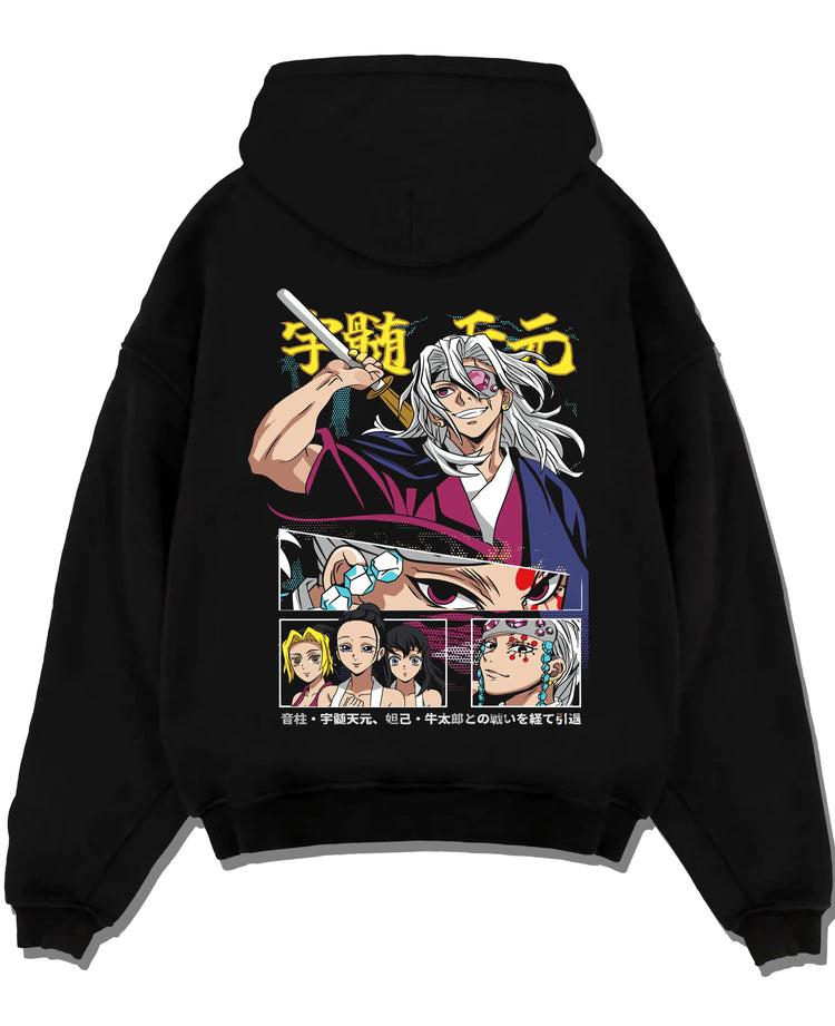 Black hoodie laid flat featuring Tengen Uzui flashy Sound Hashira Demon Slayer artwork.