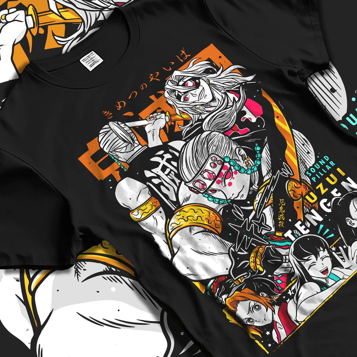 Black T-shirt laid flat with natural folds featuring Tengen Uzui Sound Hashira battle Demon Slayer artwork.
