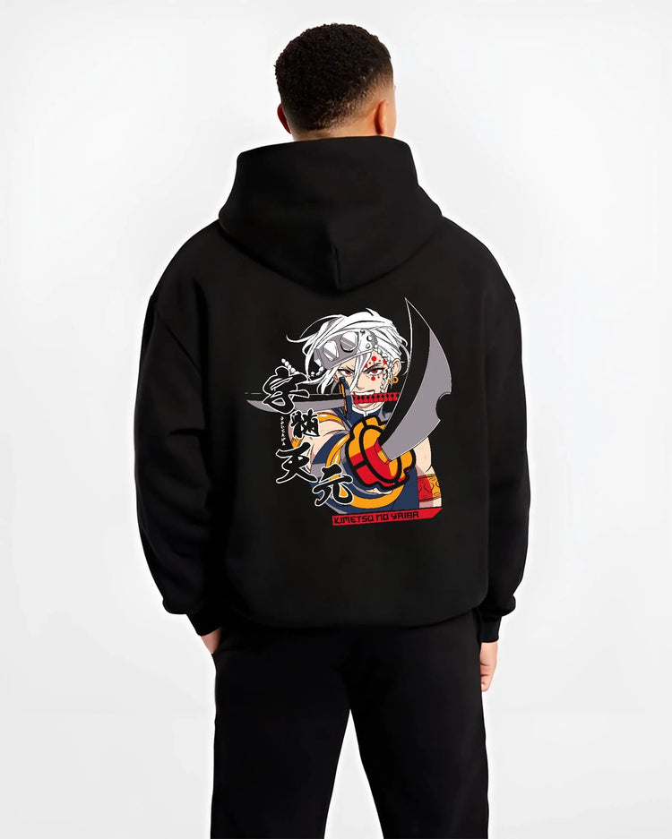 Black hoodie worn by male model from the back featuring Tengen Uzui Sound Breathing Demon Slayer artwork.