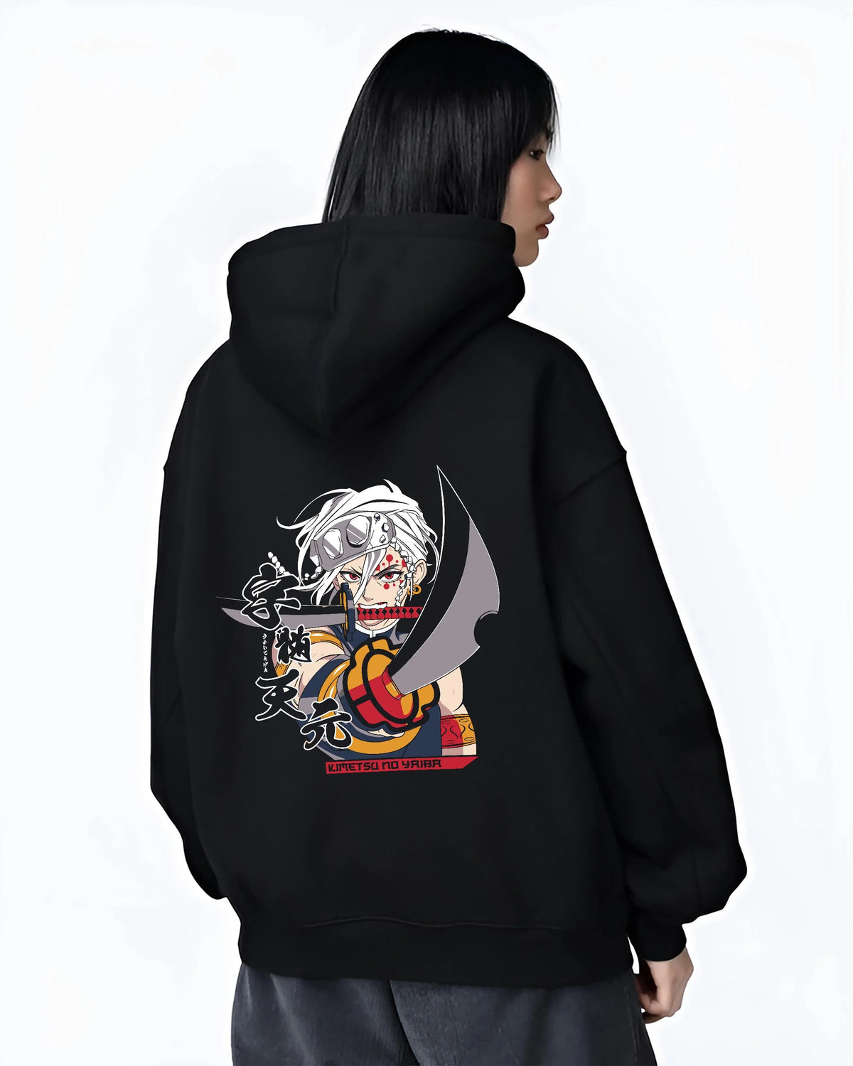 Black hoodie worn by female model from the back featuring Tengen Uzui Sound Breathing Demon Slayer artwork.