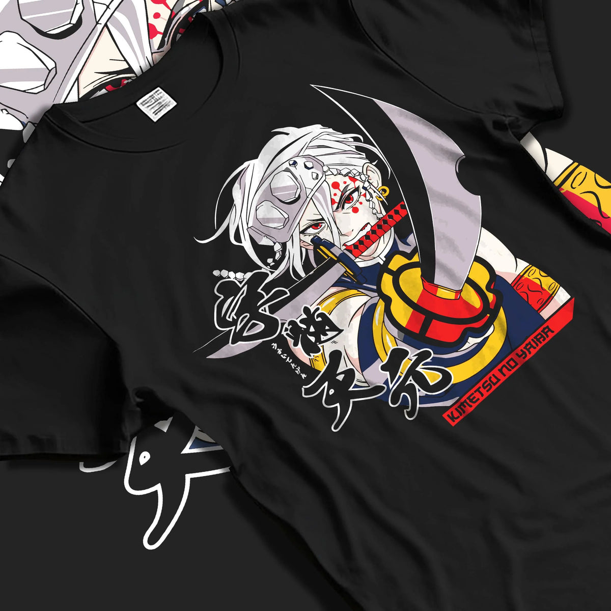 Black T-shirt laid flat with natural folds featuring Tengen Uzui Sound Breathing Demon Slayer artwork.