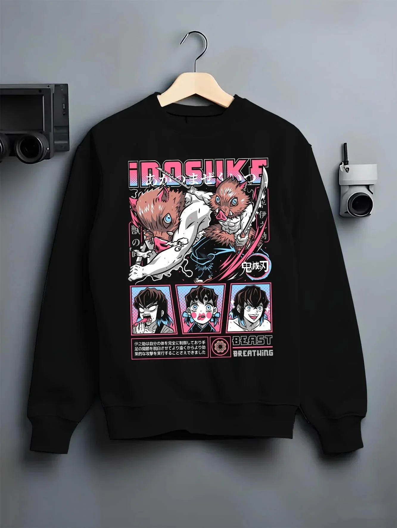 Black crewneck sweatshirt on hanger with Inosuke Hoodie Demon Slayer Beast Breathing Fighter graphic streetwear graphic.