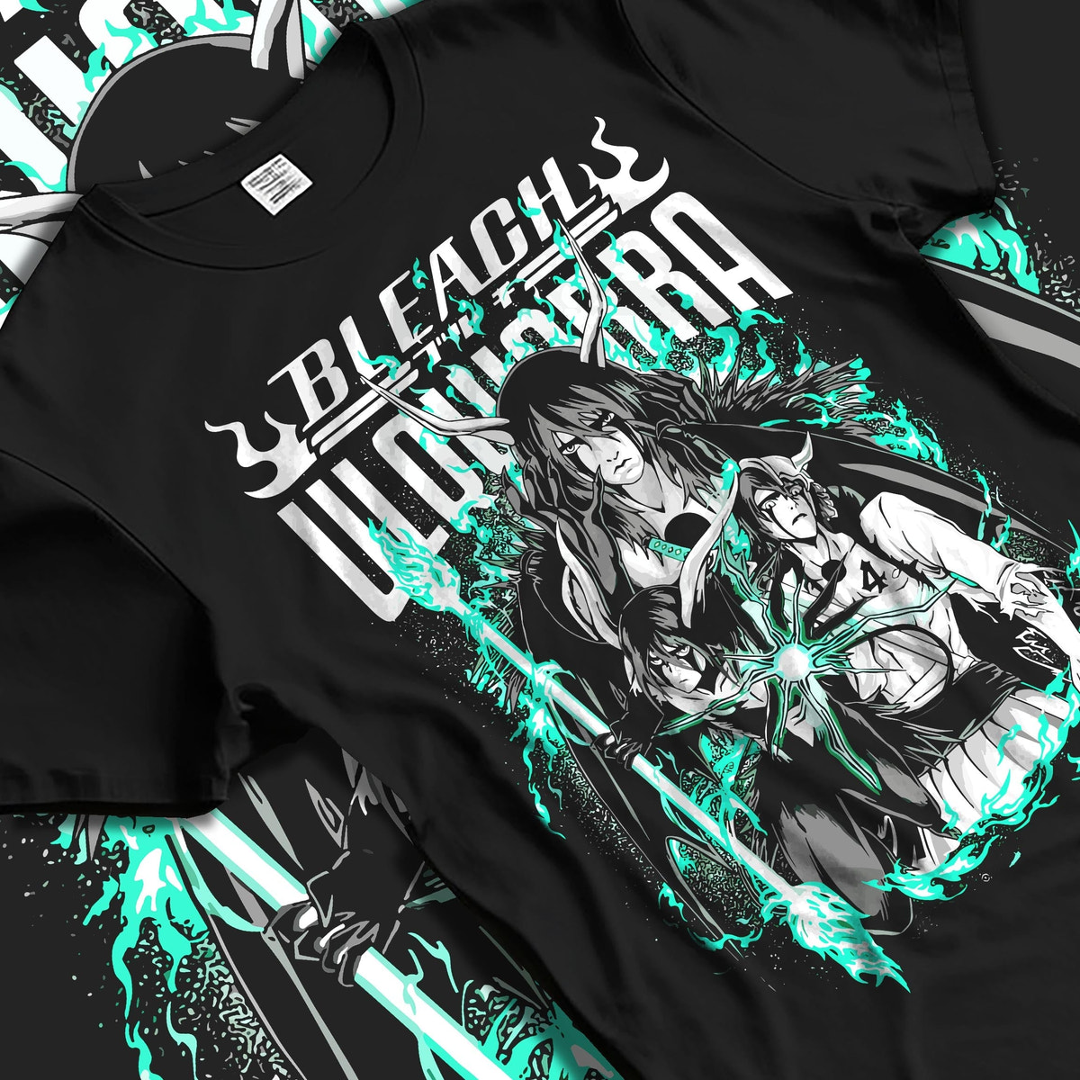 Black T-shirt laid flat with natural folds, featuring Bleach Ulquiorra retro manga graphic with glowing green anime aesthetic for Japanese streetwear fans.