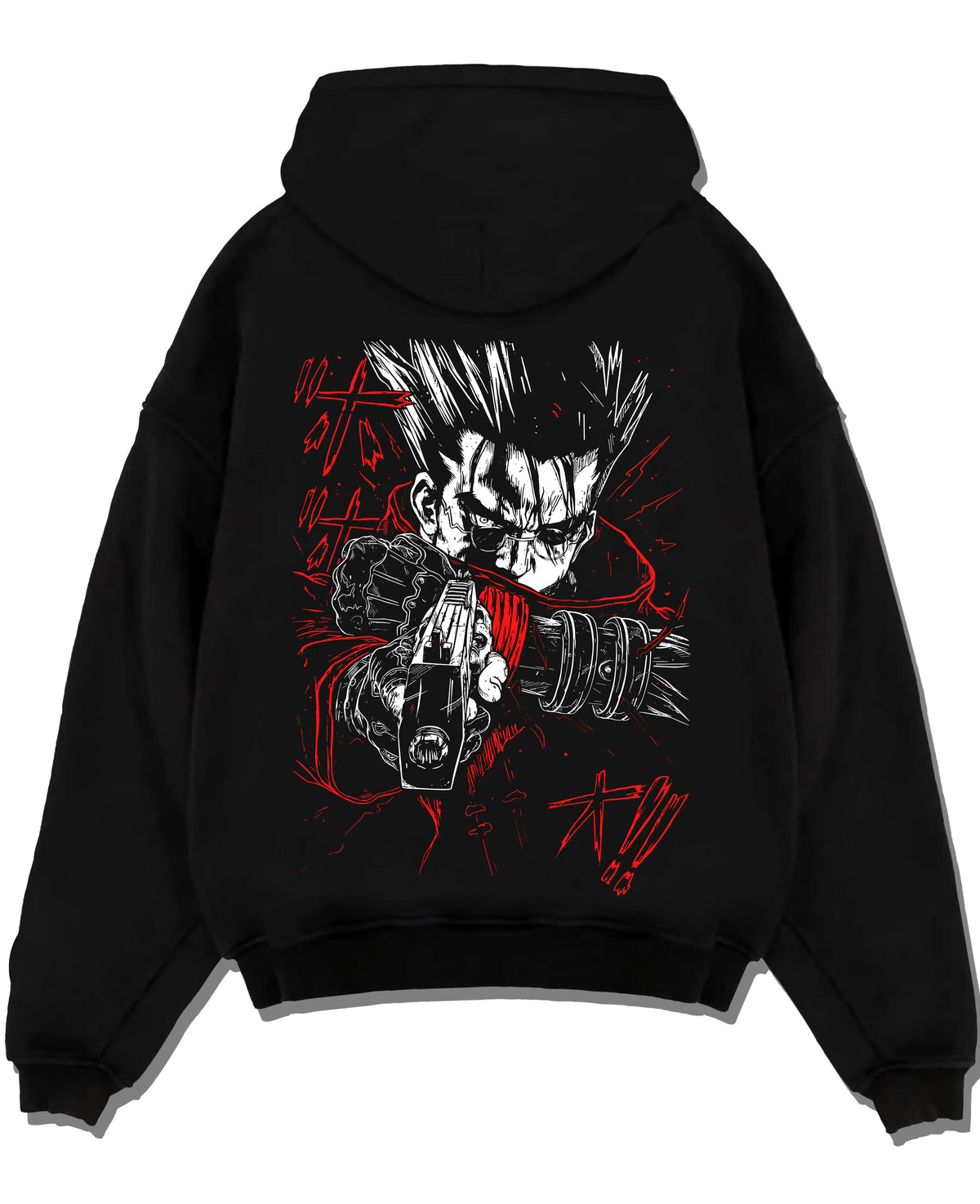 Black hoodie laid flat featuring Vash the Stampede Humanoid Typhoon Trigun artwork.