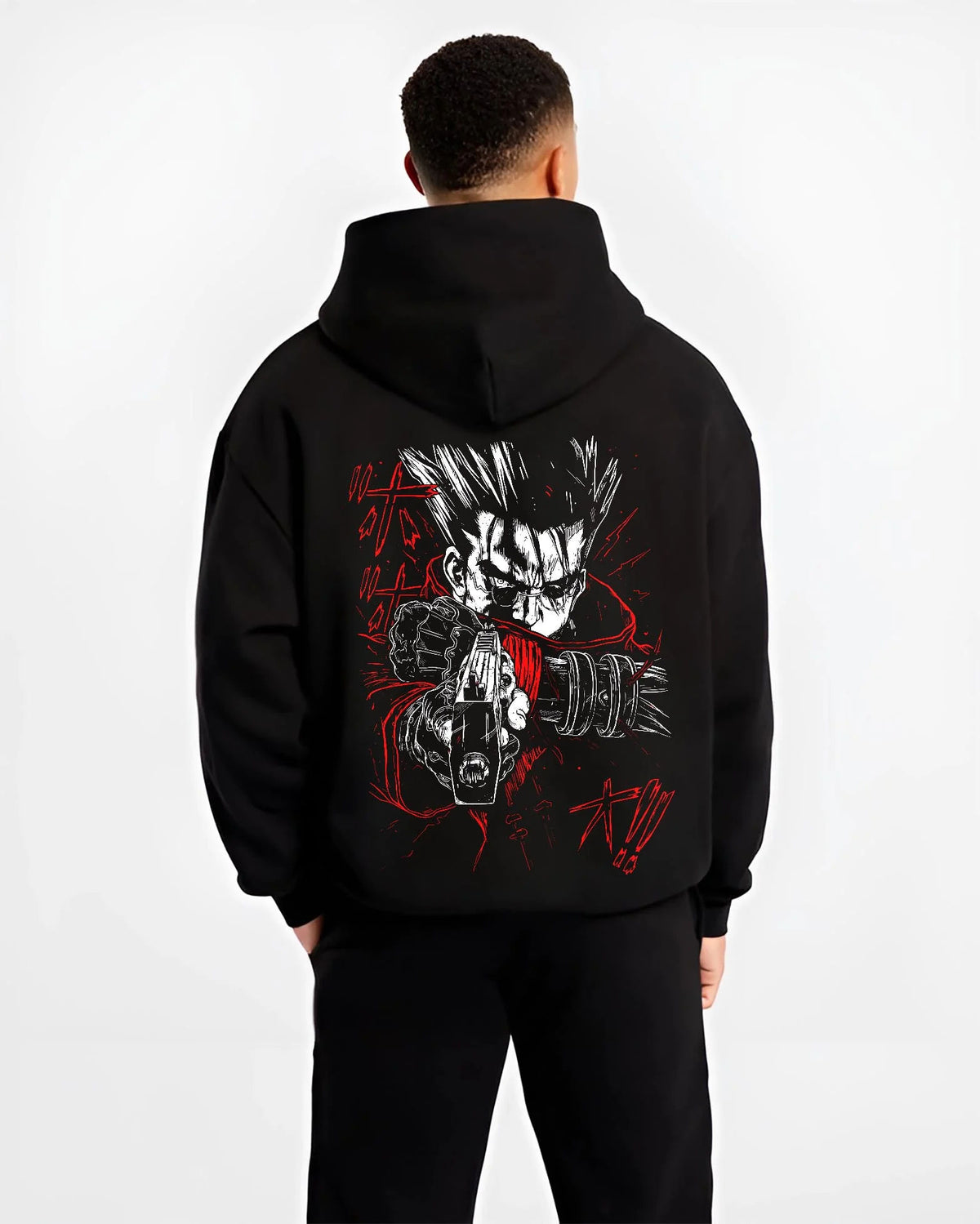 Black hoodie worn by male model from the back featuring Vash the Stampede Humanoid Typhoon Trigun artwork.