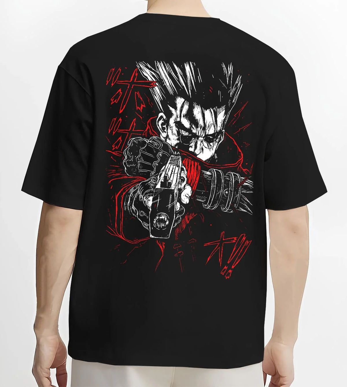 Black T-shirt worn by male model from the back featuring Vash the Stampede Humanoid Typhoon Trigun artwork.