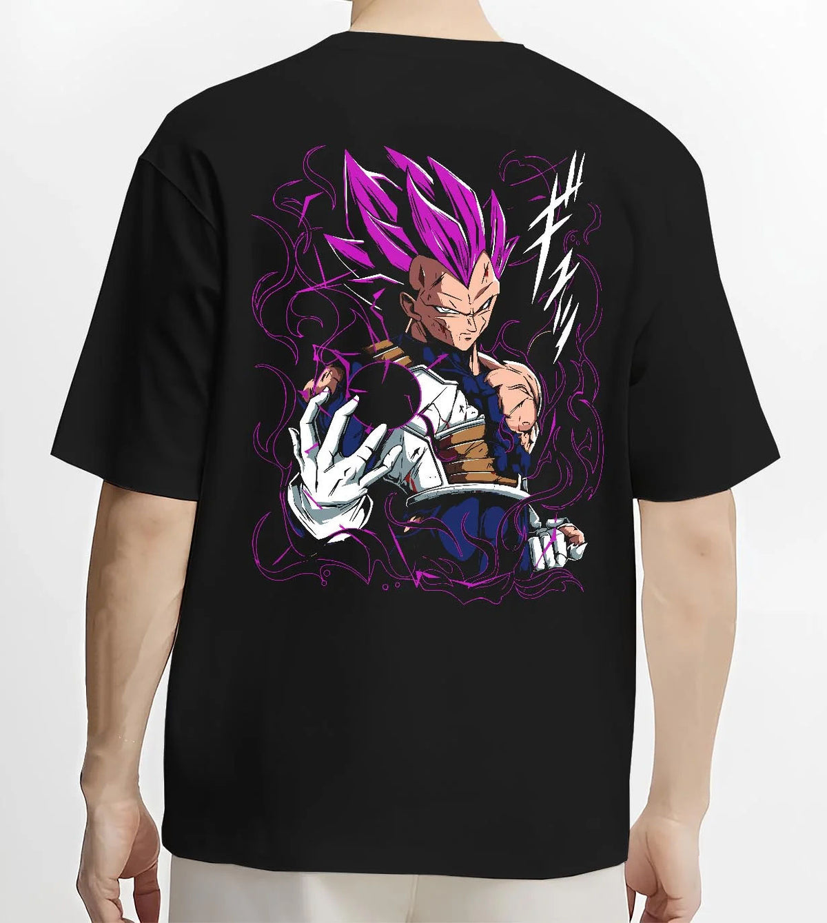 Black T-shirt worn by male model from the back featuring Vegeta Ultra Ego purple aura battle Dragon Ball Super artwork.