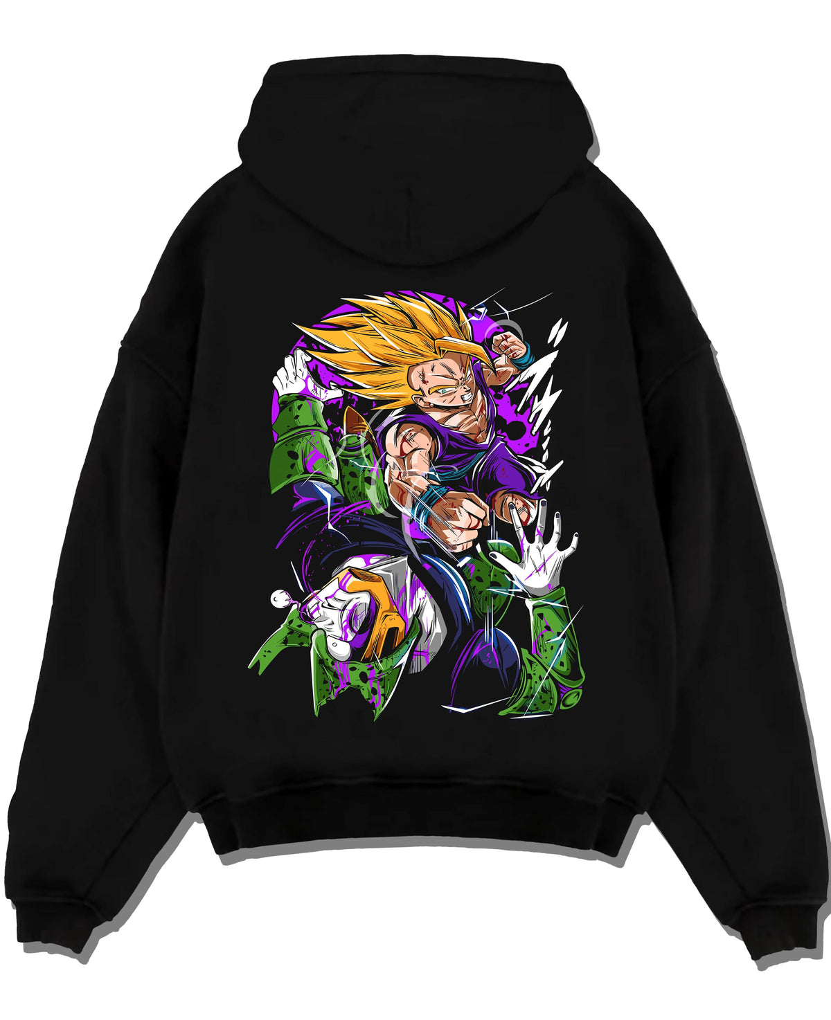 Black hoodie laid flat featuring Vegeta Super Saiyan Cell Saga battle Dragon Ball Z artwork.