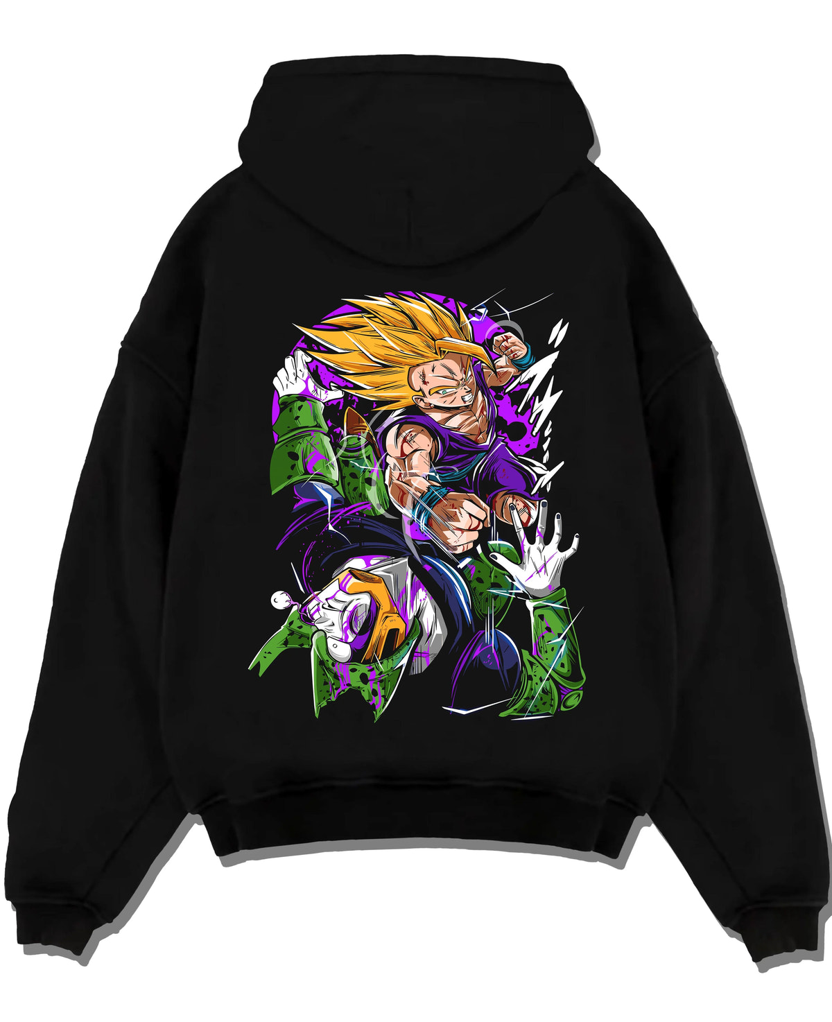 Black hoodie laid flat featuring Vegeta Super Saiyan Cell Saga battle Dragon Ball Z artwork.