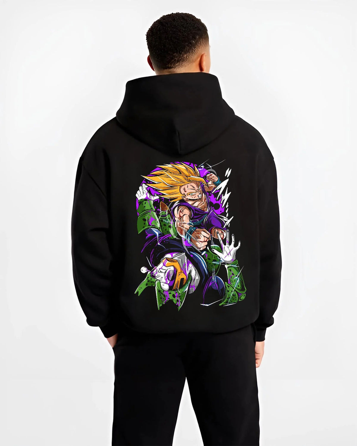 Black hoodie worn by male model from the back featuring Vegeta Super Saiyan Cell Saga battle Dragon Ball Z artwork.