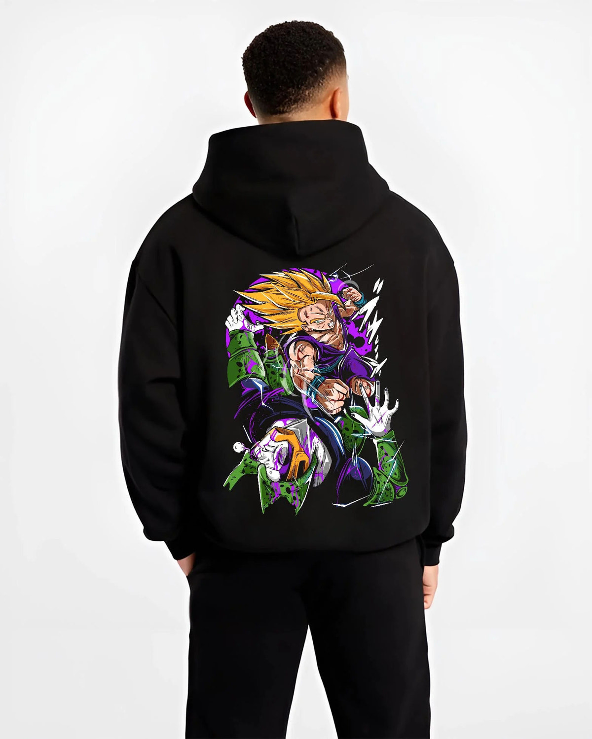 Black hoodie worn by male model from the back featuring Vegeta Super Saiyan Cell Saga battle Dragon Ball Z artwork.