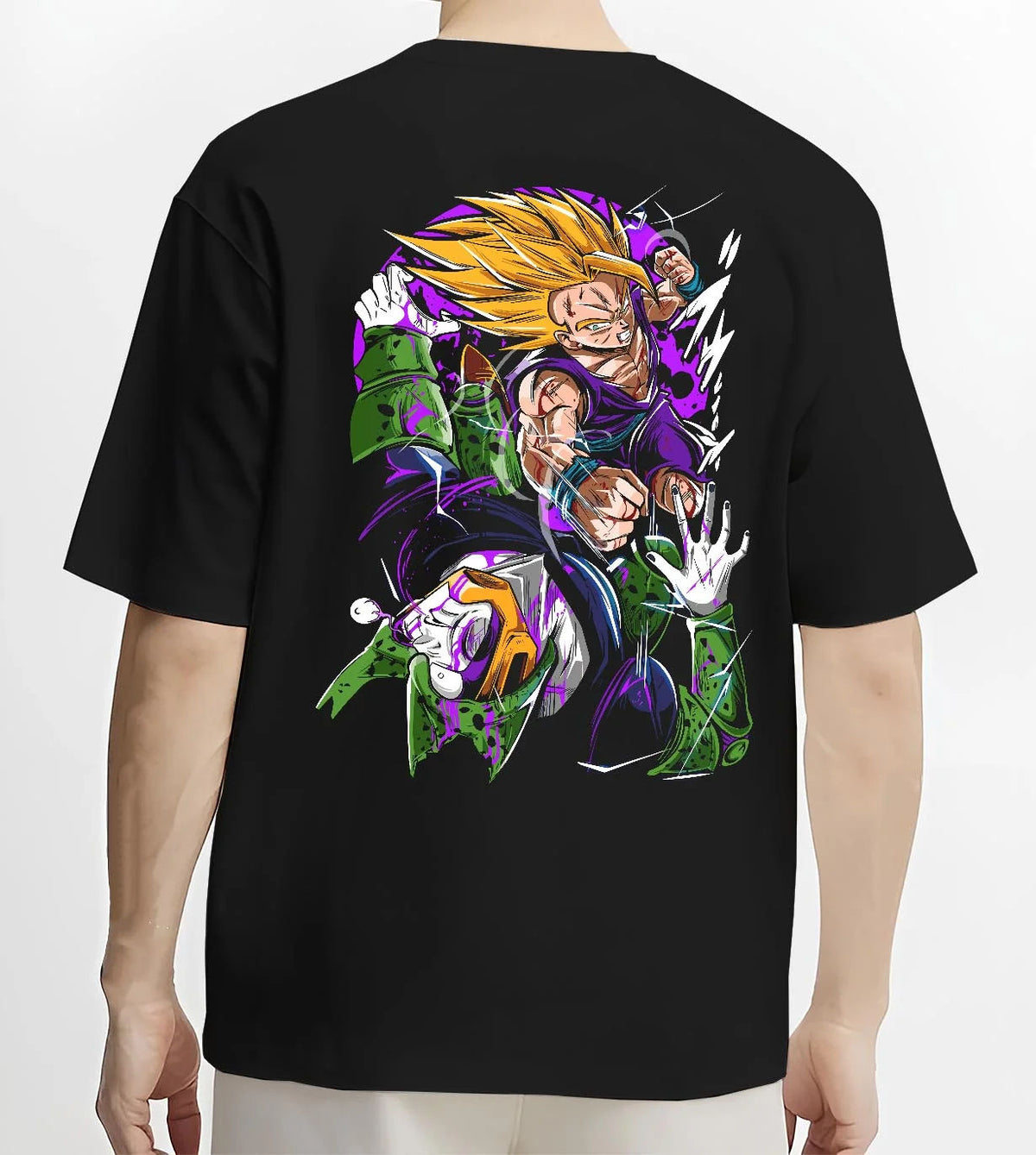 Black T-shirt worn by male model from the back featuring Vegeta Super Saiyan Cell Saga battle Dragon Ball Z artwork.
