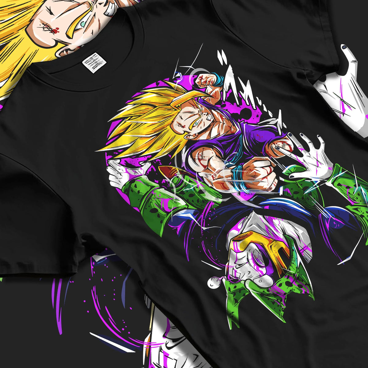 Black T-shirt laid flat with natural folds featuring Vegeta Super Saiyan Cell Saga battle Dragon Ball Z artwork.