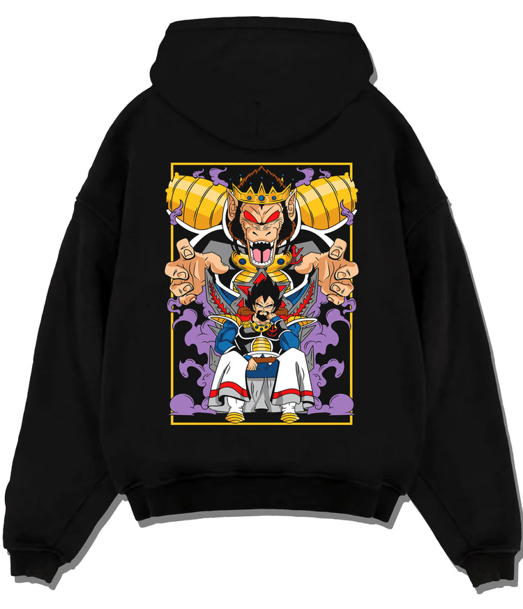 Black hoodie flat back view with Vegeta and Saiyan royalty / Great Ape motif from Dragon Ball illustrated back graphic