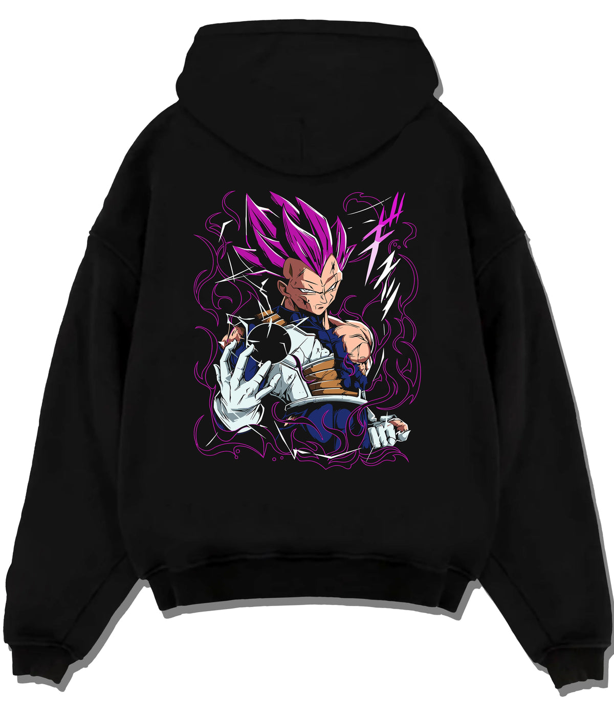 Black hoodie flat back view showing Vegeta from Dragon Ball: violet Super Saiyan aura