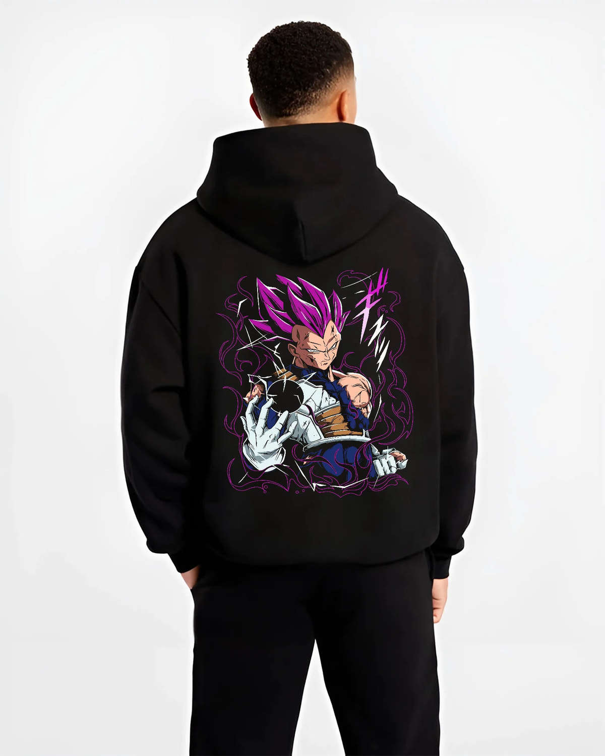 Black hoodie model back view showing Vegeta from Dragon Ball: violet Super Saiyan aura