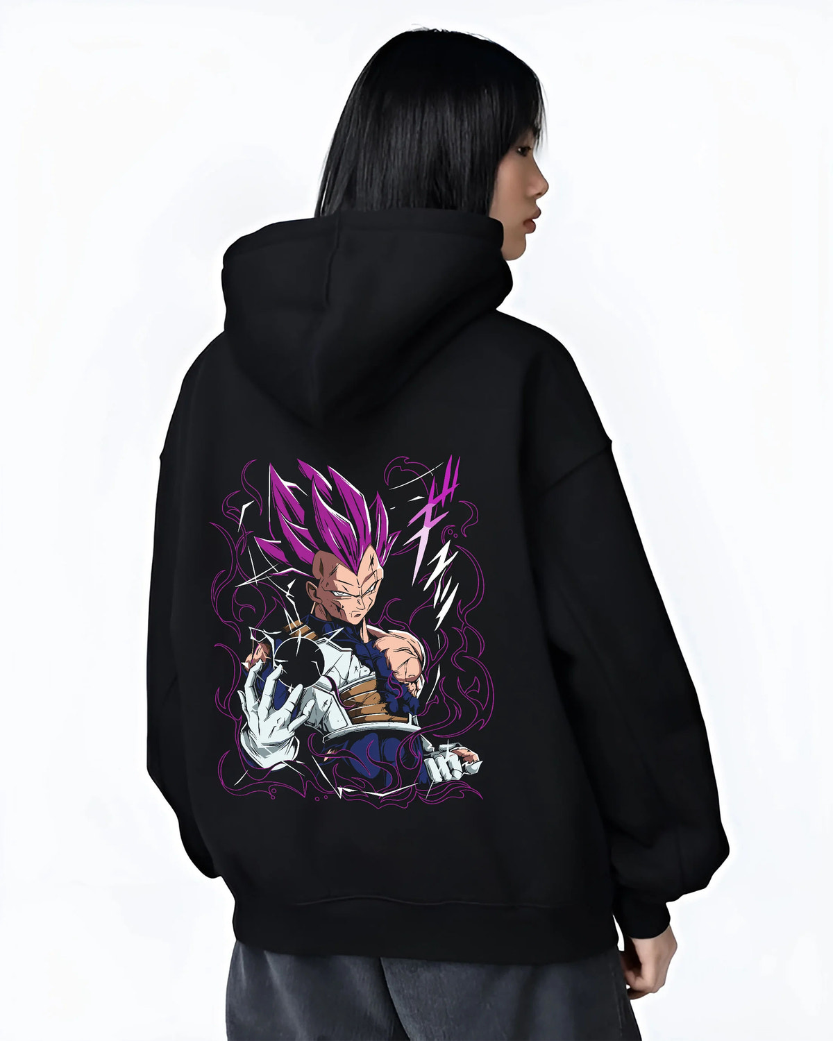 Black hoodie female model back view showing Vegeta from Dragon Ball: violet Super Saiyan aura