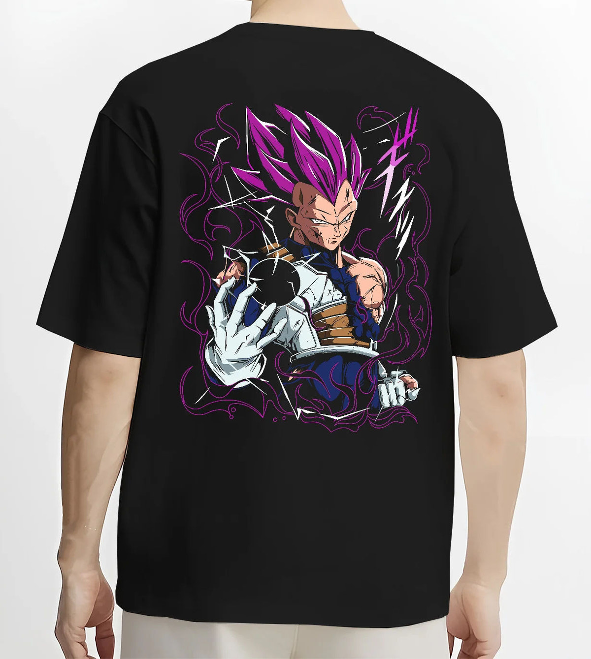 Black T-shirt model back view showing Vegeta from Dragon Ball: violet Super Saiyan aura
