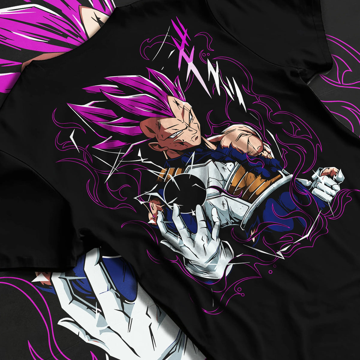 Black T-shirt flat back view showing Vegeta from Dragon Ball: violet Super Saiyan aura