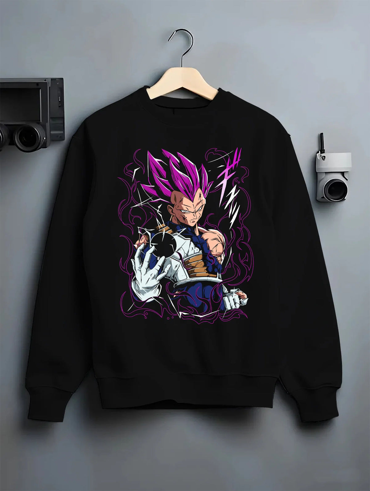 Black crewneck sweatshirt on hanger showing Vegeta from Dragon Ball: violet Super Saiyan aura