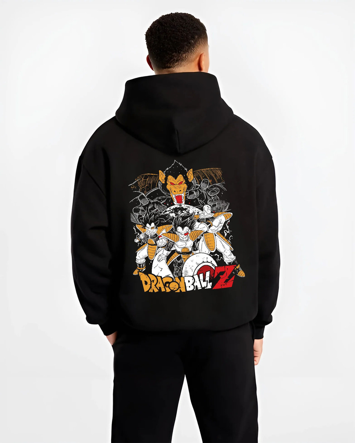 Black hoodie model back view showing Vegeta from Dragon Ball: Saiyan forms and warriors collage