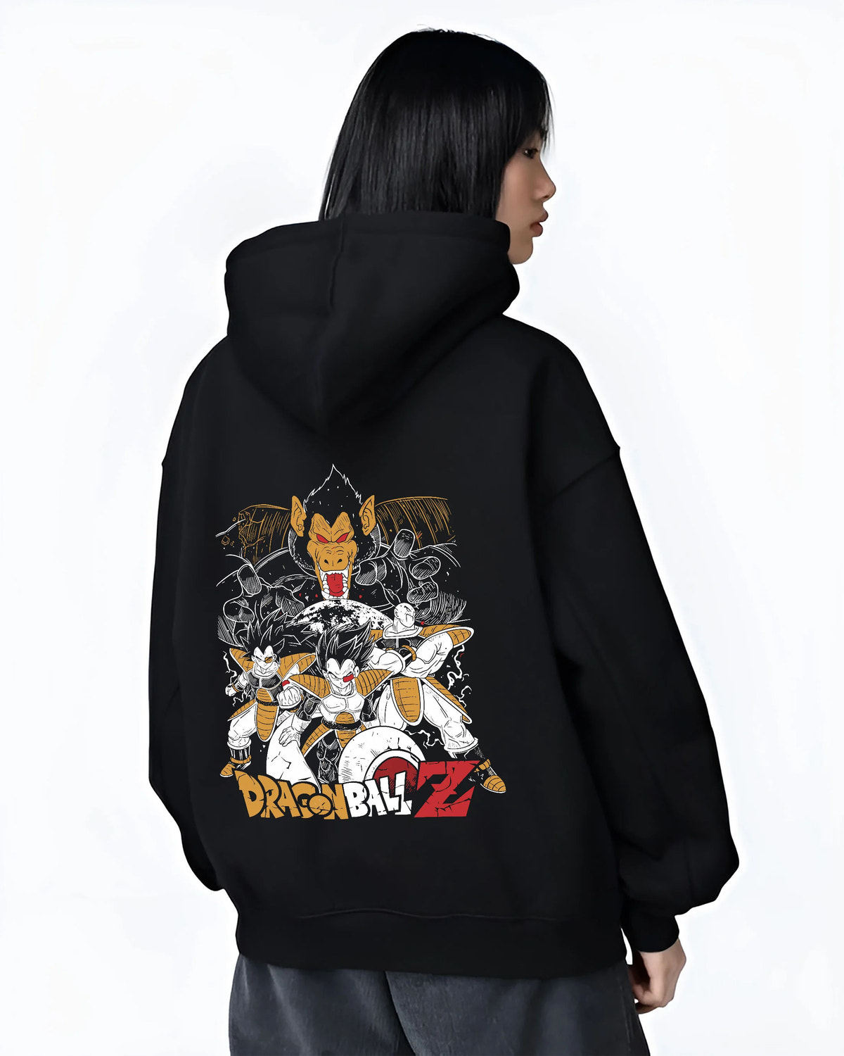 Black hoodie female model back view showing Vegeta from Dragon Ball: Saiyan forms and warriors collage